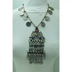 Silver Vintage Long Pendant Necklace with Coins Handmade Afghan Pendant Necklace